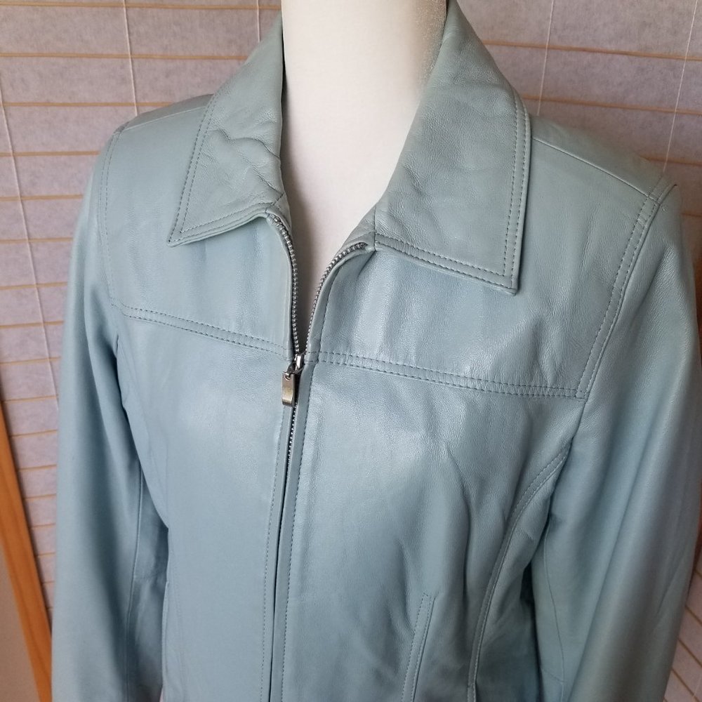 Light Blue Leather Zip Front Blazer Jacket - Picture 3 of 10